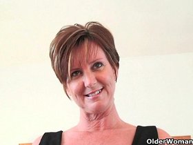 Classy grandma Joy gets fingered and masturbates with dildo up her ass