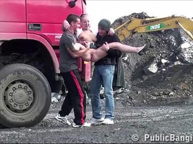 Cute teen girl PUBLIC sex construction site gangbang threesome
